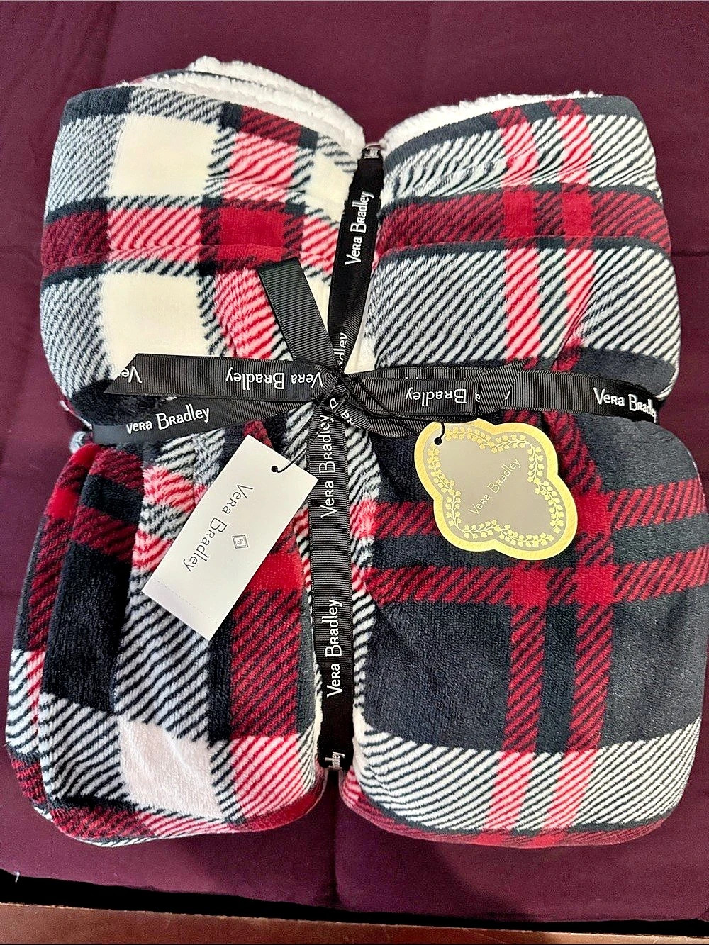 Vera Bradley Cozy Life Throw Blanket Plaid Throw Blanket in Black & Red NWT